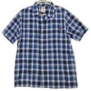 Dickies Mens Size L Button Down Blue Plaid Shirt Short Sleeve Cotton Pockets